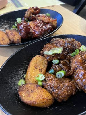 Wangz bbq (back) jerk ( front) served with the most delicious jerk plantain fries   at Vegan On The Island in Longwood