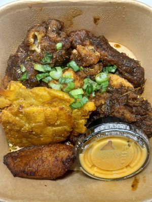 Jerk wangz with plantain fries at Vegan On The Island in Longwood