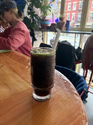Hibiscus tea and matcha with lavender and rose syrup   at Kosmic Community Anti Bar & Coffee Shop in New York City