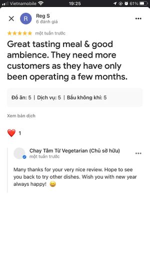 Google Map review 5* with over 130 review. Thank you customer for great review.
https://g.page/r/CRrOVOBHcd5SEBE/review at Chay Tam Tu Vegetarian in Vung Tau