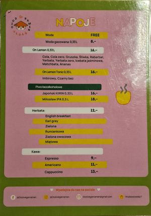 Napoje menu at Dozo Vegan Ramen - Hrubieszowska in Warsaw