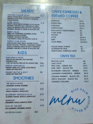 Menu at Blue Palm Mission Beach in San Diego