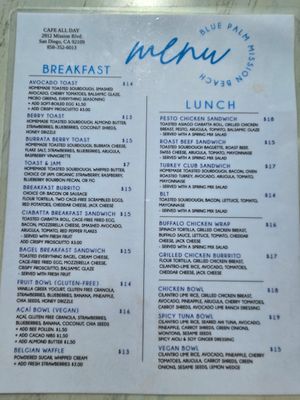 Menu at Blue Palm Mission Beach in San Diego