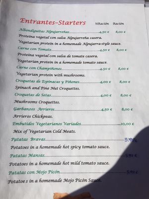 Menu - starters at Aloe in Almeria