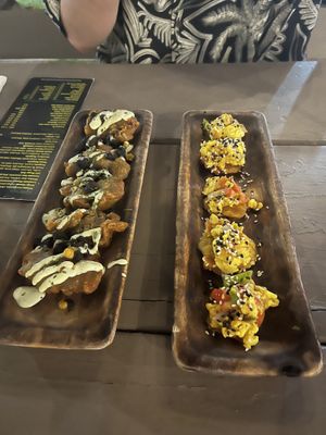 Callaloo fritters and tostones with ackee  at Julie Mango Restaurant in Kingston