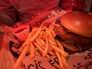 Honey mustard bacon chicken sandwich with fries   at Francis Burger Joint  in Minneapolis