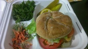 Breaded vegan fish sandwich on a kaiser roll with side of sweet marinated kale salad at Green Vegetarian Cuisine in Houston