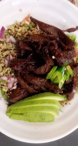 Beefless tips and quinoa salad at Green Vegetarian Cuisine in Houston