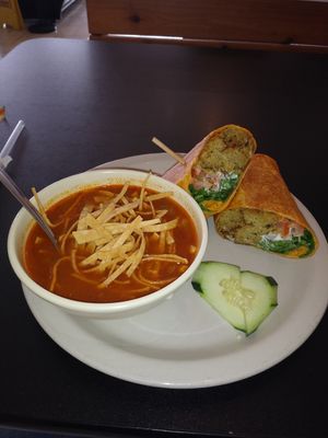 Falafel burrito & tortilla soup at Green Vegetarian Cuisine in Houston