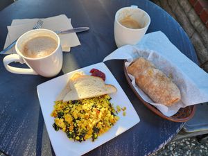 Tofurito and tofu scramble  with soy Mexican mochas at Windmill Cafe in Santa Cruz