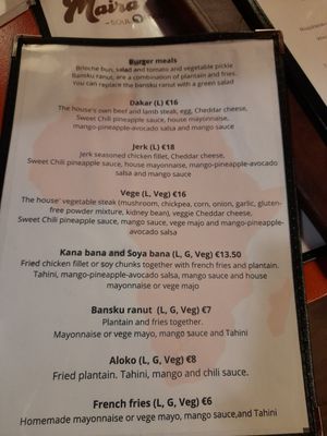 Burgers menu at Maira African Soul Food in Tampere