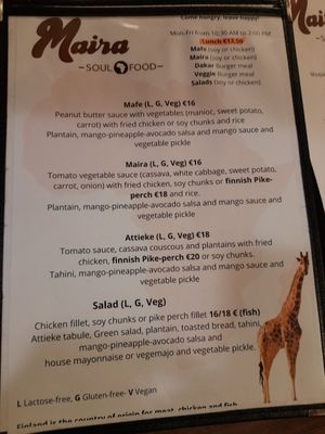 Plates menu at Maira African Soul Food in Tampere