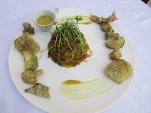 Thai Rice with tempura vegetables and Passion Fruit dressing at El Chante Gourmet in Alajuela