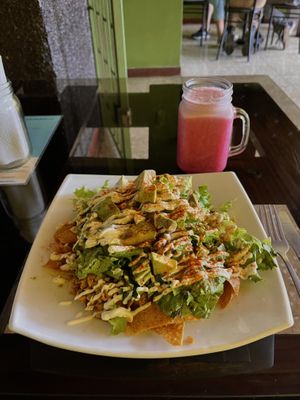 Vegan nachos and Raspberry/dragon fruit juice  at El Chante Gourmet in Alajuela