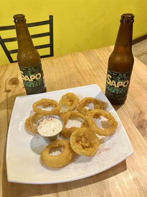 Onion rings and caribbean ginger drink  at El Chante Gourmet in Alajuela