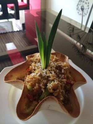 BOWL OF RISE WITH COCONUT MILK AND PINEAPLE. VERY CARIBEAN at El Chante Gourmet in Alajuela