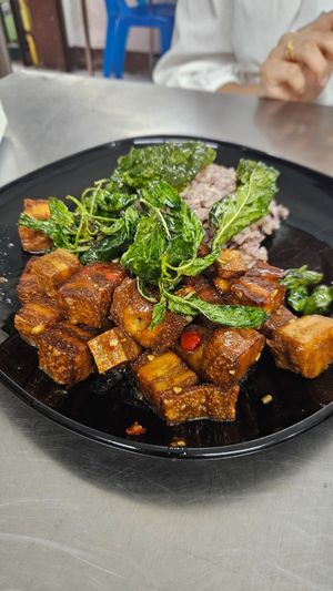 Thai Basil with crispy pork- so good! A must when you go there!! at Vegan 108 - มังสวิรัติร้อยแปด in Bangkok