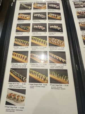 Menu page with lots of options  at Sushi Luma in Petaluma