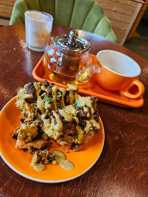 Jalapeño cornbread waffle casserole and calm and confident tea at Patera Temperance Lounge and Bistro in Spokane