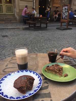 buckwheat muffin, pecan pear pie, coffee & chai latte. at Sattva Naturbageriet in Stockholm