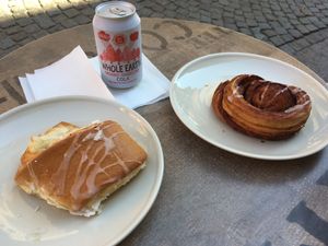 Apple and vanilla pastry; cinnamon roll. Both vegan! at Sattva Naturbageriet in Stockholm