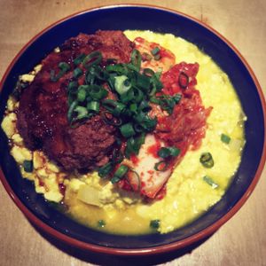 Kimchi burger on rice and tofu
The tofu reminded me of sceambled eggs :)  at About Animals in Taipei