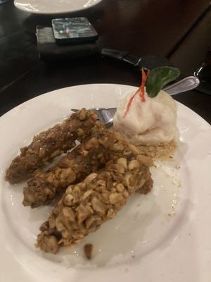 Cashew banana fritters with coconut sorbet  at Sandan in Sihanoukville