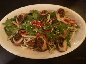 Glass noodle salad with taro spring rolls at Sandan in Sihanoukville