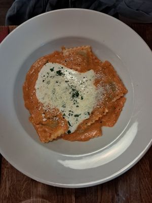 Ravioli with red bell pepper sauce at Sora Diana in Edinburgh
