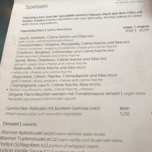 Menu at TIAN Bistro Kunsthaus in Vienna