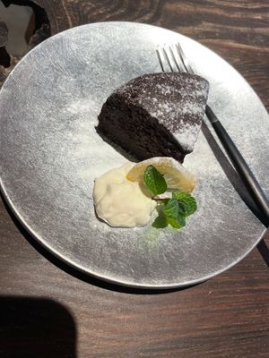 Chocolate cake with candied lemon and soya cream at Hitotomori Nara in Nara