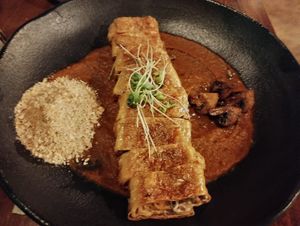 Yuba filled with mushrooms and pumpkin puree at Mow Culinaria Vegana in Campinas