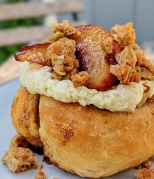 Peach crisp cinnamon buns at Twisted in Amherst