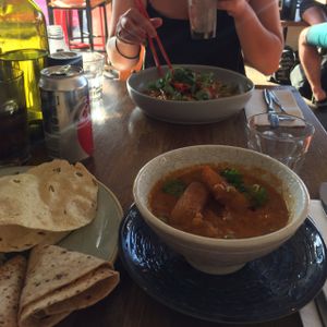 vegan Indian curry with vegan roti and popadoms, and vegan udon noodle stir fry at Sister of Soul in St Kilda