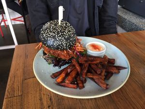 Jack Black Burger (vegan jackfruit burger) with sweet potato fries at Sister of Soul in St Kilda