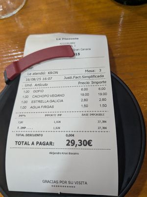 Bill for two at Bar La Plazuela in Gran Canaria