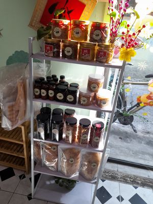 Shelf unit selling various vegan products #Veganuary at Thuyền Ẩm Thực Chay in Ho Chi Minh City