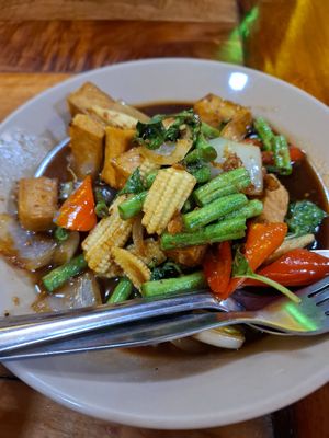 Fried tofu with herbs and basil at Mom's Kitchen in Krabi
