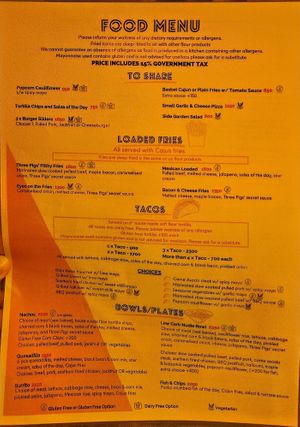 See the Low Carb Nudie Bowl, Burger Sliders, Chips and Salsa, Can't Belive Its Not Meat options. at Three Pigs in Port Vila