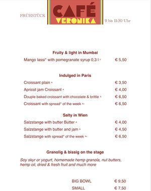 breakfast menu 1/2

lunch & brunch menu u find on instagram (savory and sweet strudels, quiche, pot of the week, hummus plate, cole slaw, sweets) at Von Zehn bis Vier at Academy Bar in Salzburg