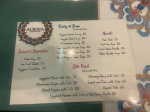 Food menu  at Aurora Vegan Khao Soi Restaurant in Pai