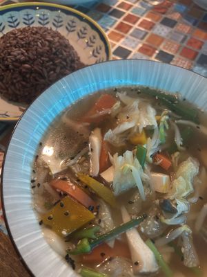 clear veggie soup, actually so so goodd  at Aurora Vegan Khao Soi Restaurant in Pai