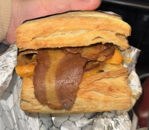 Breakfast biscuit sandwich with seitan bacon   at Viridis in Pittsburgh