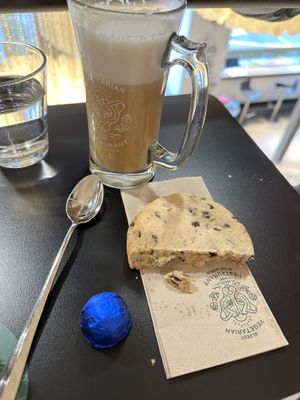 Truffle, half cookie and oat latte   at Hiltl Vegimetzg in Zurich