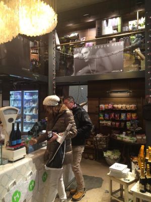 A Homey interiour design welcomes guests to the Hiltl Store. at Hiltl Vegimetzg in Zurich