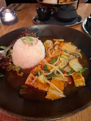 Wok with veggies, tofu in hoisin sauce and rice at HQ in Landshut