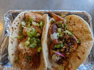 Dragon tofu taco and diablo shrimp taco at Yellow City Street Food - YCSF in Amarillo