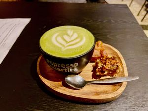Matcha Latte prepared with Oat milk (soy & coconut options available)  at Espresso Quartier in Maastricht