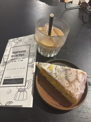 Lemon & lavender cake with iced coffees   at Espresso Quartier in Maastricht