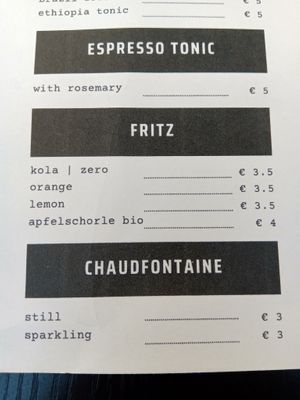 Espresso tonic, soda and bottled water menu(August 2025) at Espresso Quartier in Maastricht